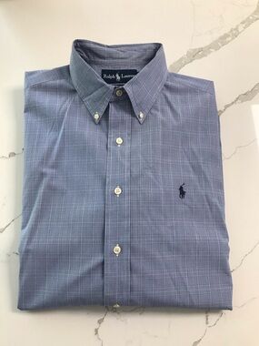 Ralph Lauren Light Blue Plaid Button-Down 100% Cotton Dress Shirt 16.5” Collar